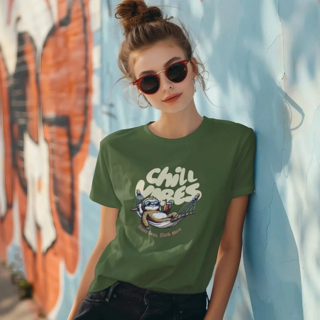 Woman wearing Chill Vibes sloth t-shirt leaning on a wall with sunglasses and messy bun