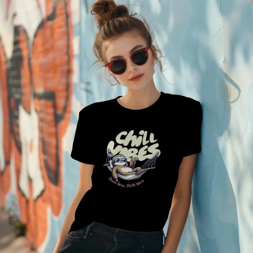 Woman wearing Chill Vibes sloth t-shirt leaning on a wall with sunglasses and messy bun