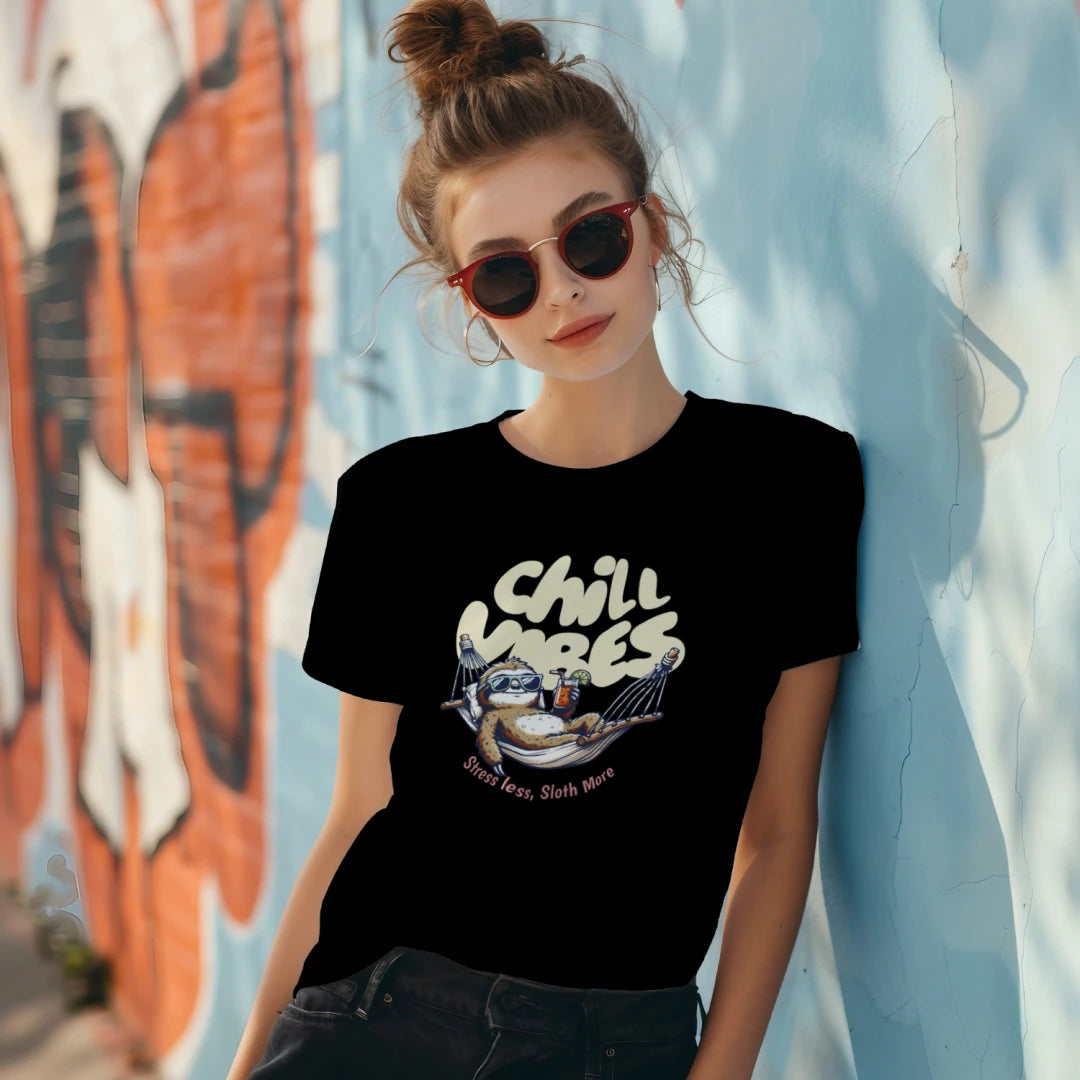 Woman wearing Chill Vibes sloth t-shirt leaning on a wall with sunglasses and messy bun in black