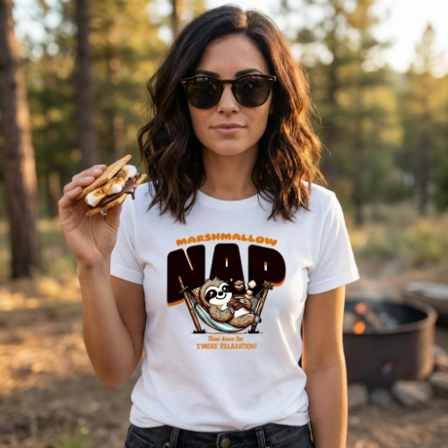 Funny sloth marshmallow nap shirt – slow down for s’more relaxation graphic tee in white