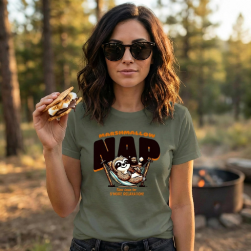 Funny sloth marshmallow nap shirt – slow down for s’more relaxation graphic tee in dark olive