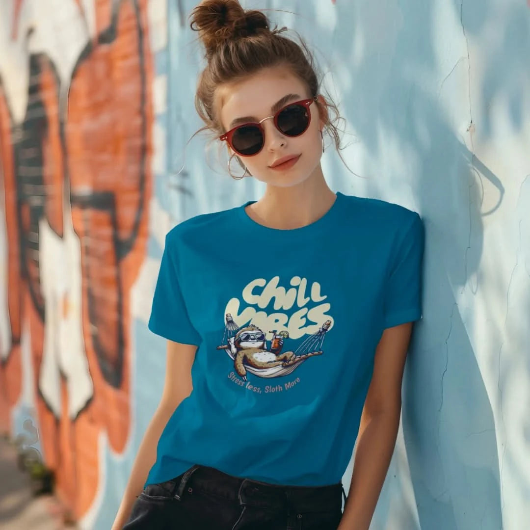 Woman wearing Chill Vibes sloth t-shirt leaning on a wall with sunglasses and messy bun