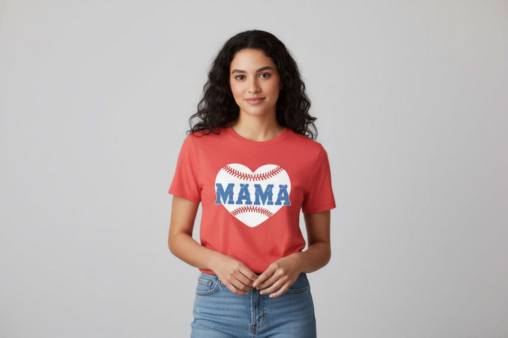 Woman wearing Red Baseball Mama shirt against gray background