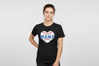 Woman wearing Black Baseball Mama shirt against gray background