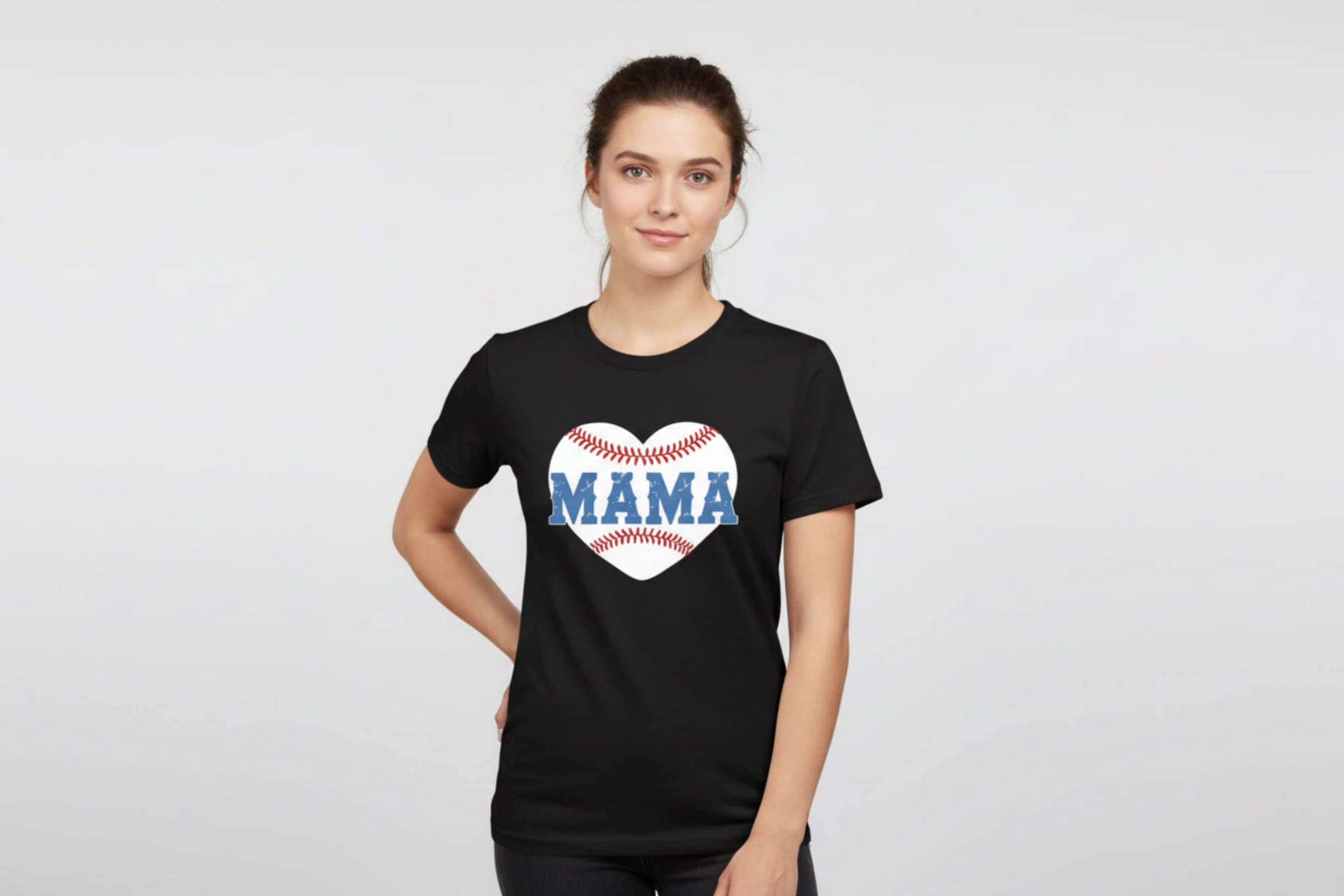 Woman wearing Black Baseball Mama shirt against gray background