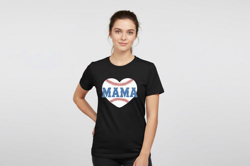 Woman wearing Black Baseball Mama shirt against gray background