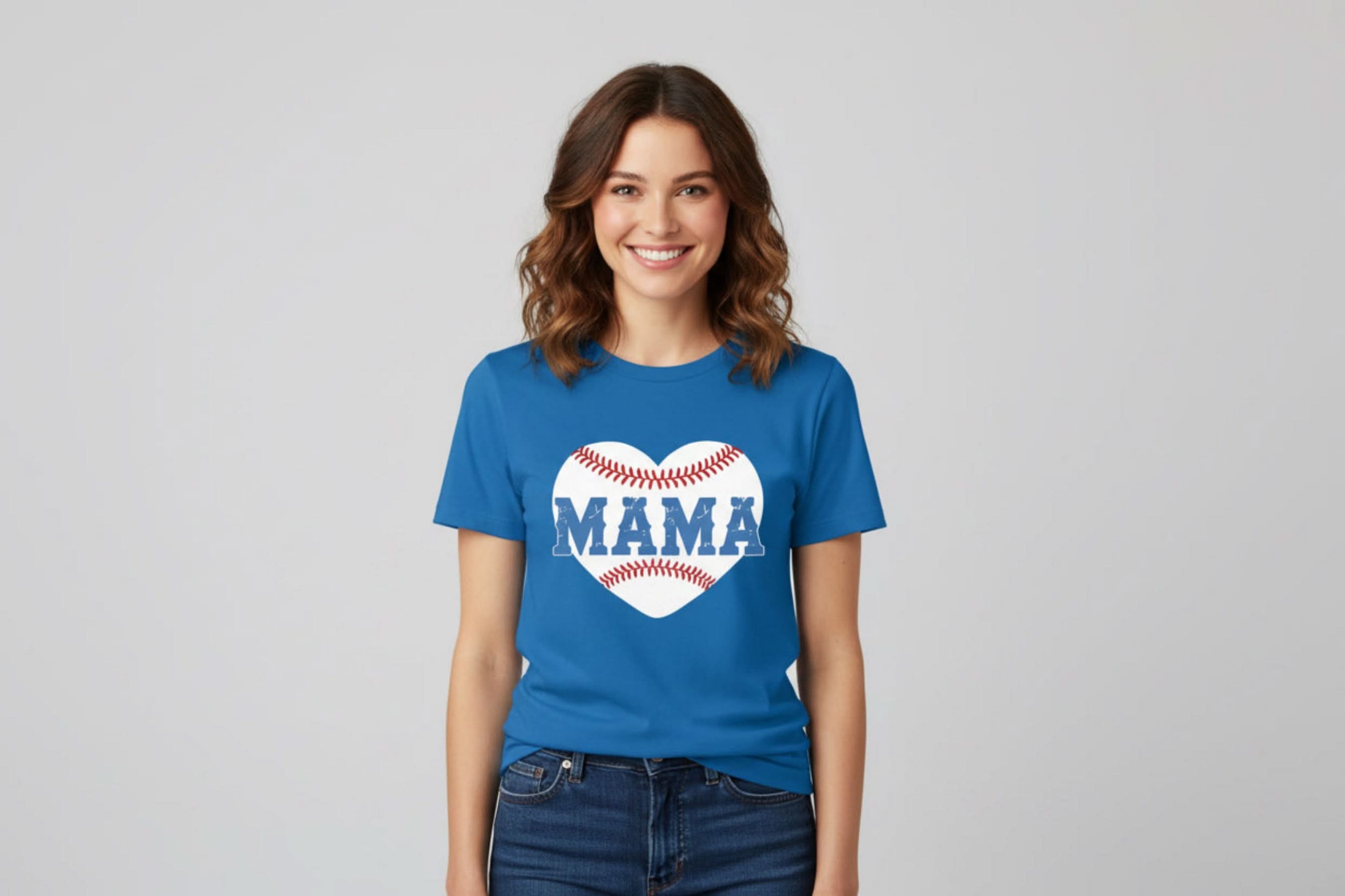 Woman wearing Royal Blue Baseball Mama shirt against gray background