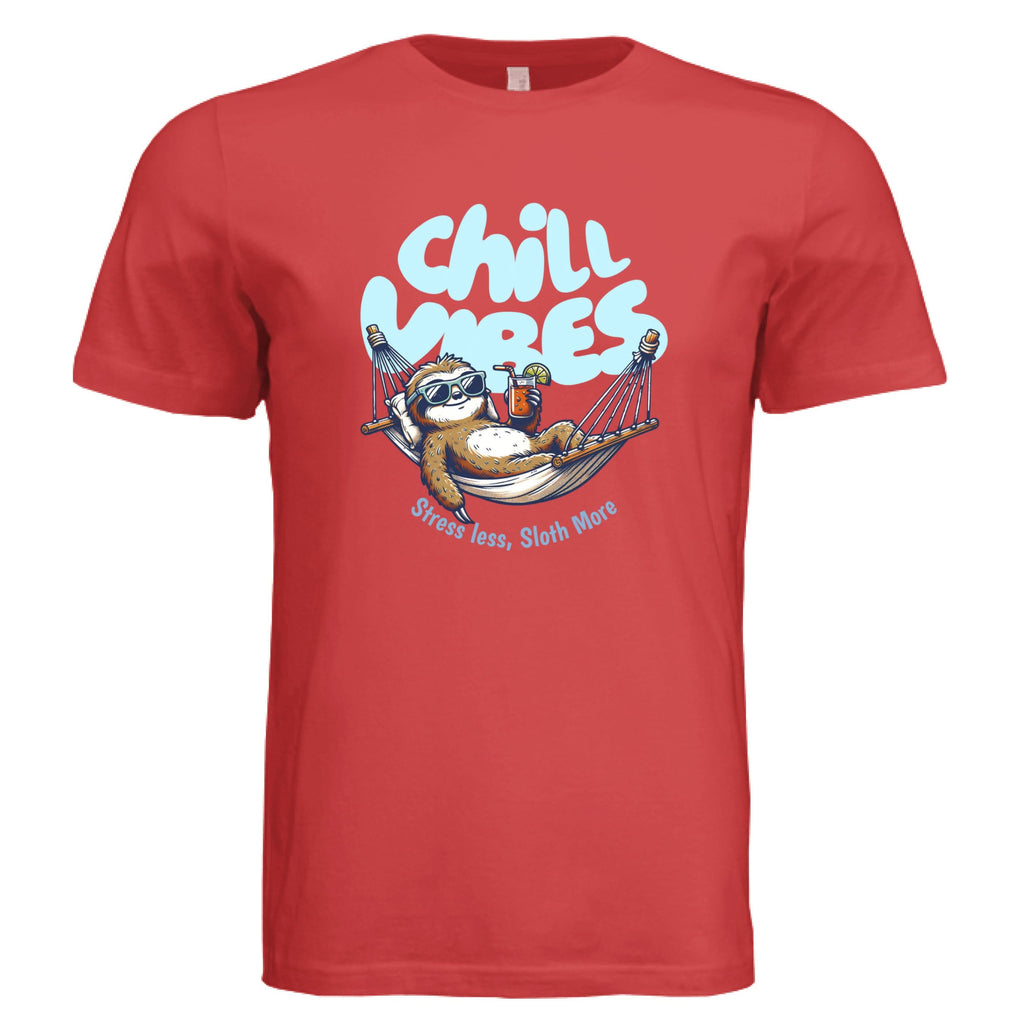 Chill Vibes graphic t-shirt featuring a relaxed sloth in a hammock with sunglasses and tropical drink, text reads Stress Less Sloth More on soft cotton unisex tee in Red
