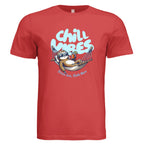 Chill Vibes graphic t-shirt featuring a relaxed sloth in a hammock with sunglasses and tropical drink, text reads Stress Less Sloth More on soft cotton unisex tee in Red