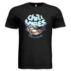 Chill Vibes graphic t-shirt featuring a relaxed sloth in a hammock with sunglasses and tropical drink, text reads Stress Less Sloth More on soft cotton unisex tee in Black