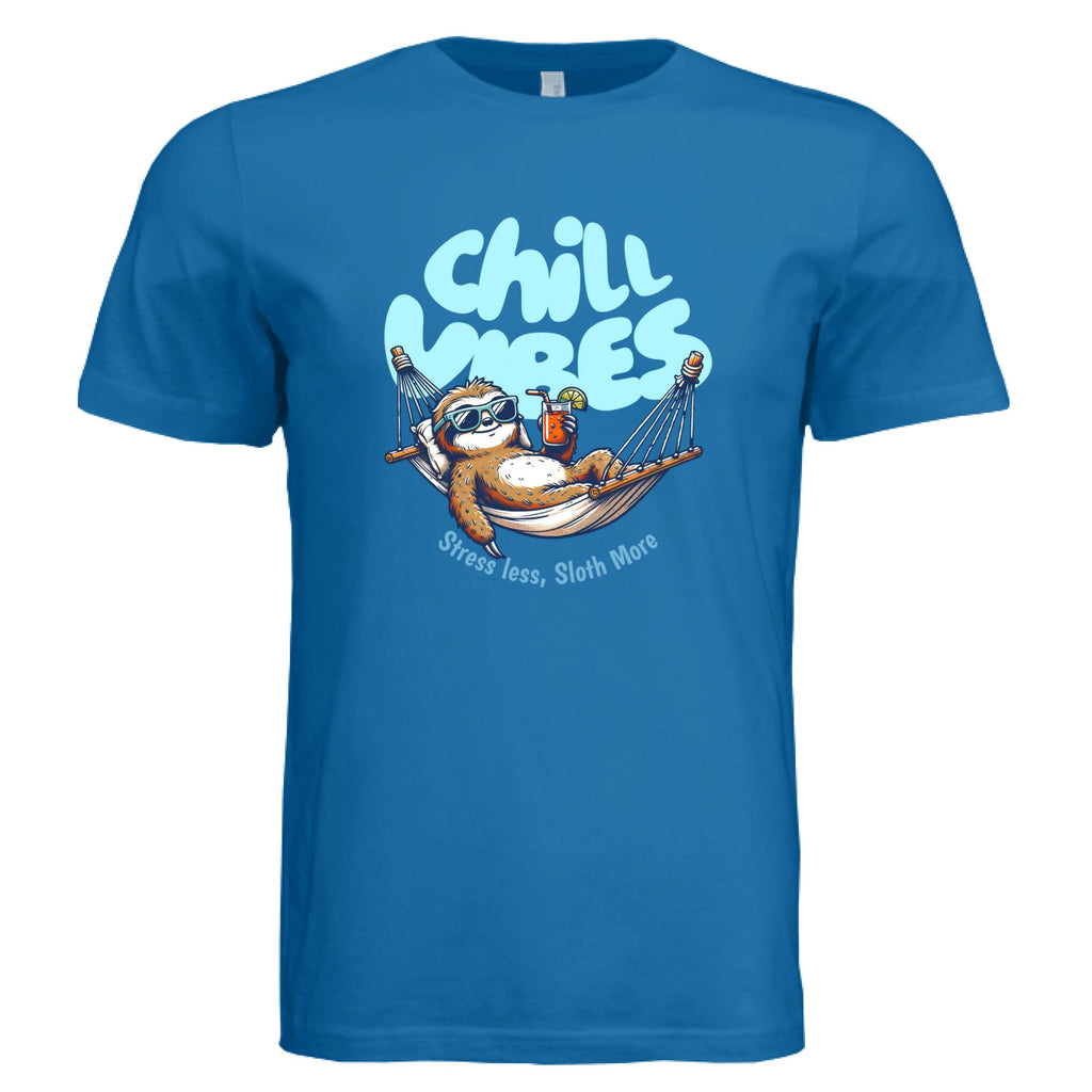Chill Vibes graphic t-shirt featuring a relaxed sloth in a hammock with sunglasses and tropical drink, text reads Stress Less Sloth More on soft cotton unisex tee in Royal Blue