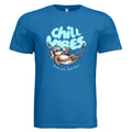 Chill Vibes graphic t-shirt featuring a relaxed sloth in a hammock with sunglasses and tropical drink, text reads Stress Less Sloth More on soft cotton unisex tee in Royal Blue