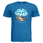 Chill Vibes graphic t-shirt featuring a relaxed sloth in a hammock with sunglasses and tropical drink, text reads Stress Less Sloth More on soft cotton unisex tee in Royal Blue