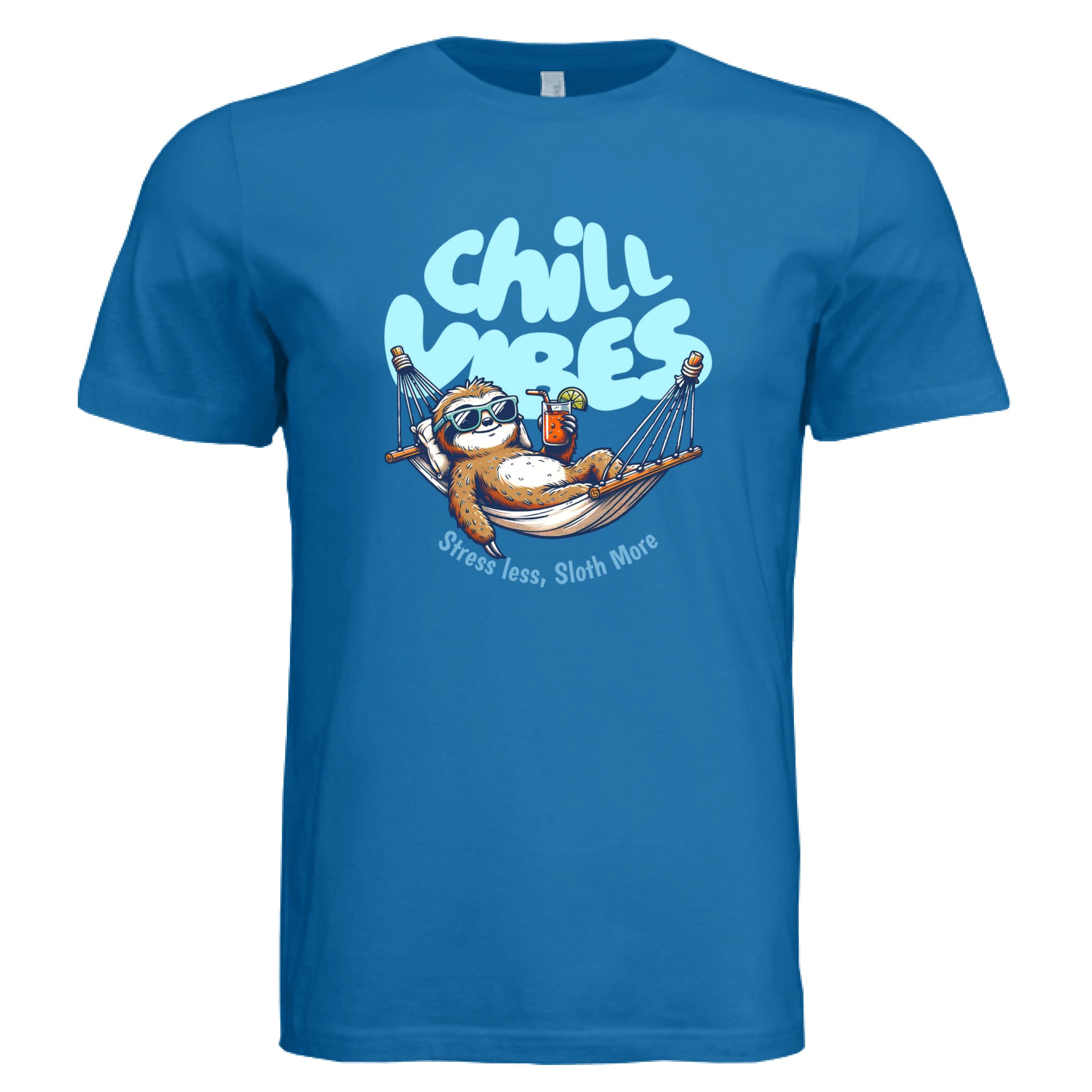 Chill Vibes graphic t-shirt featuring a relaxed sloth in a hammock with sunglasses and tropical drink, text reads Stress Less Sloth More on soft cotton unisex tee in Royal Blue