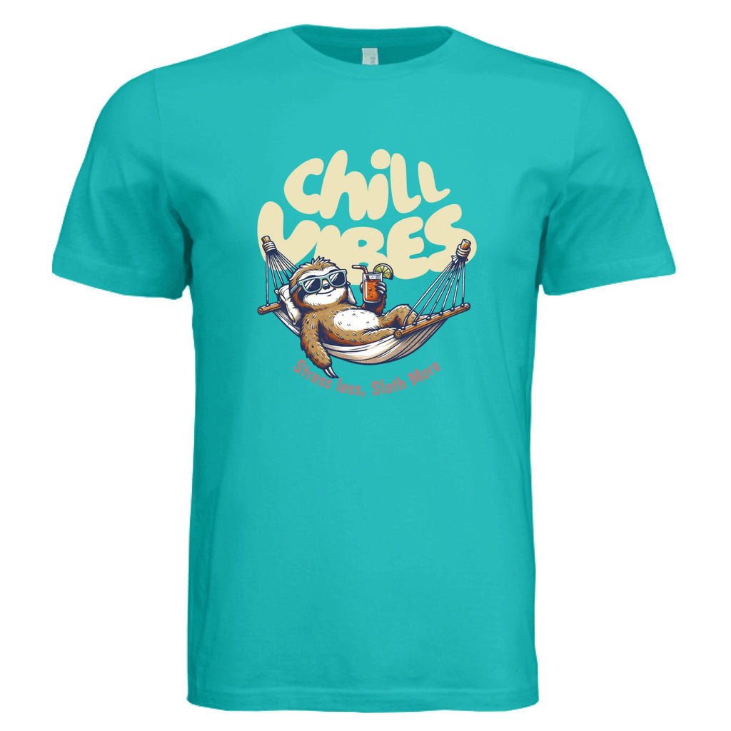 Chill Vibes graphic t-shirt featuring a relaxed sloth in a hammock with sunglasses and tropical drink, text reads Stress Less Sloth More on soft cotton unisex tee in Teal