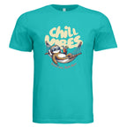 Chill Vibes graphic t-shirt featuring a relaxed sloth in a hammock with sunglasses and tropical drink, text reads Stress Less Sloth More on soft cotton unisex tee in Teal