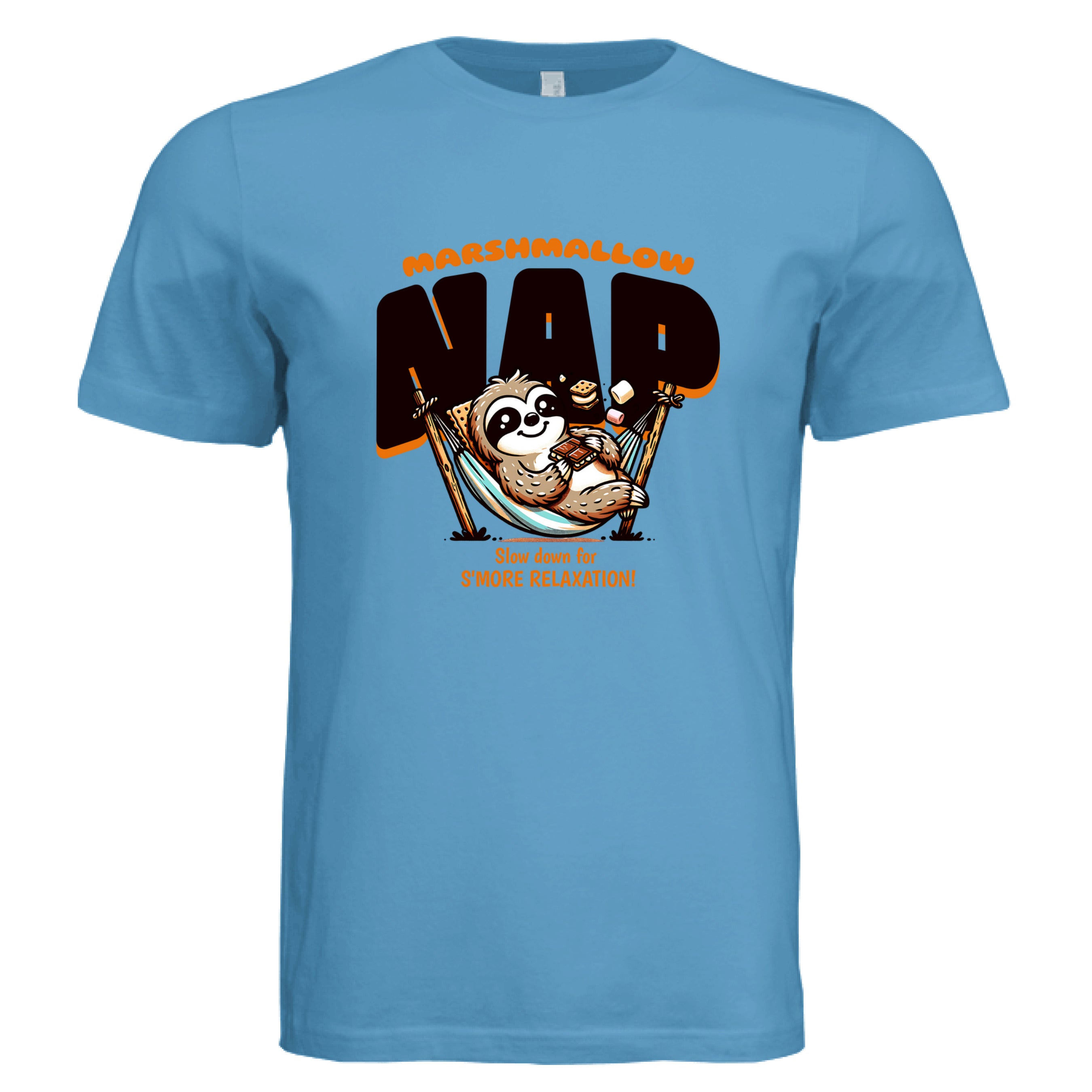 Funny sloth marshmallow nap shirt – slow down for s’more relaxation graphic tee in aqua 