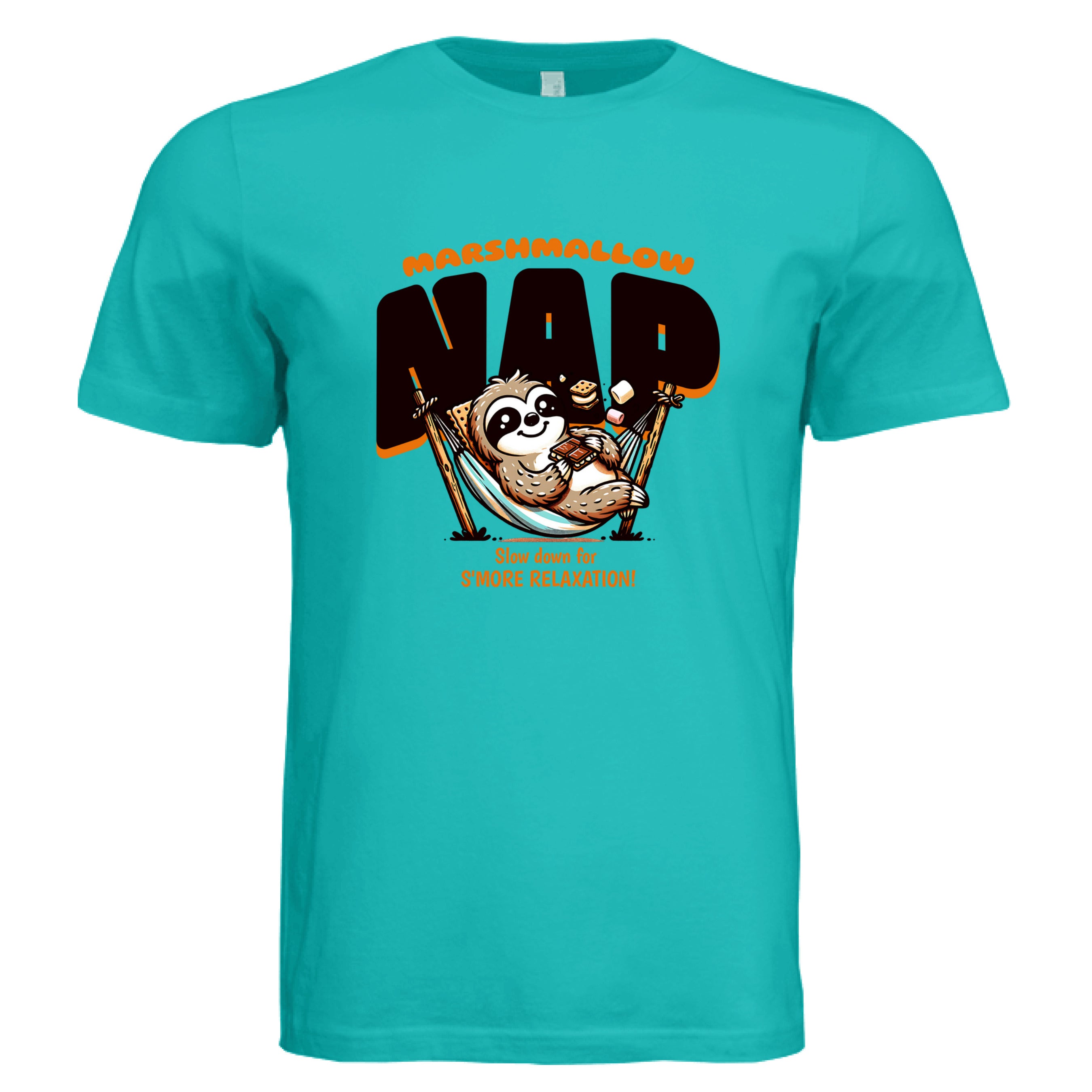 Funny sloth marshmallow nap shirt – slow down for s’more relaxation graphic tee in teal 