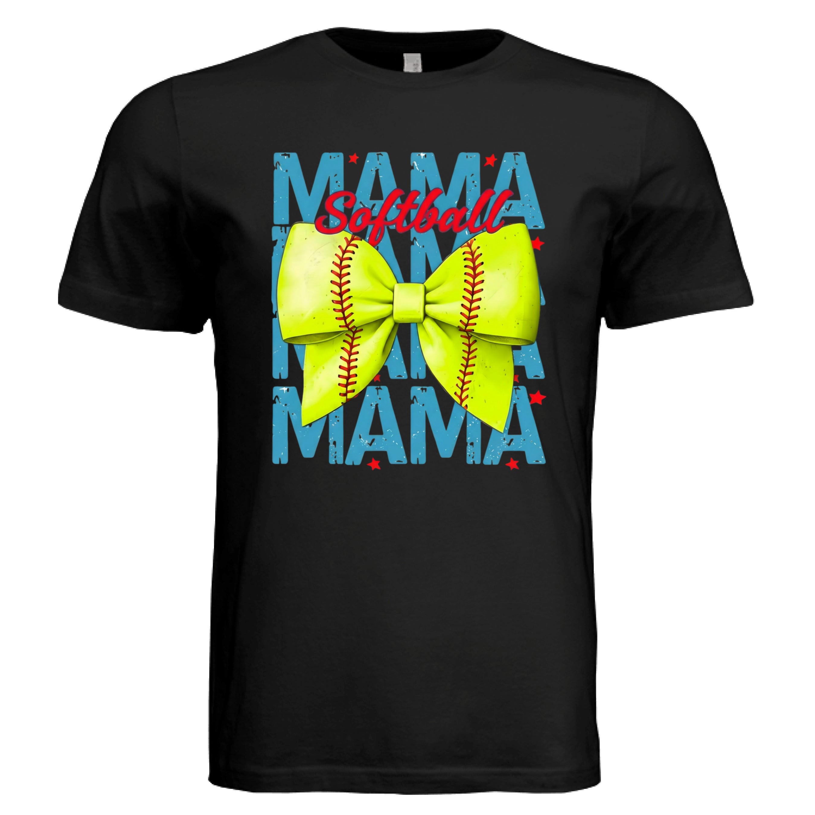 Mama Softball shirt with neon softball bow design in black