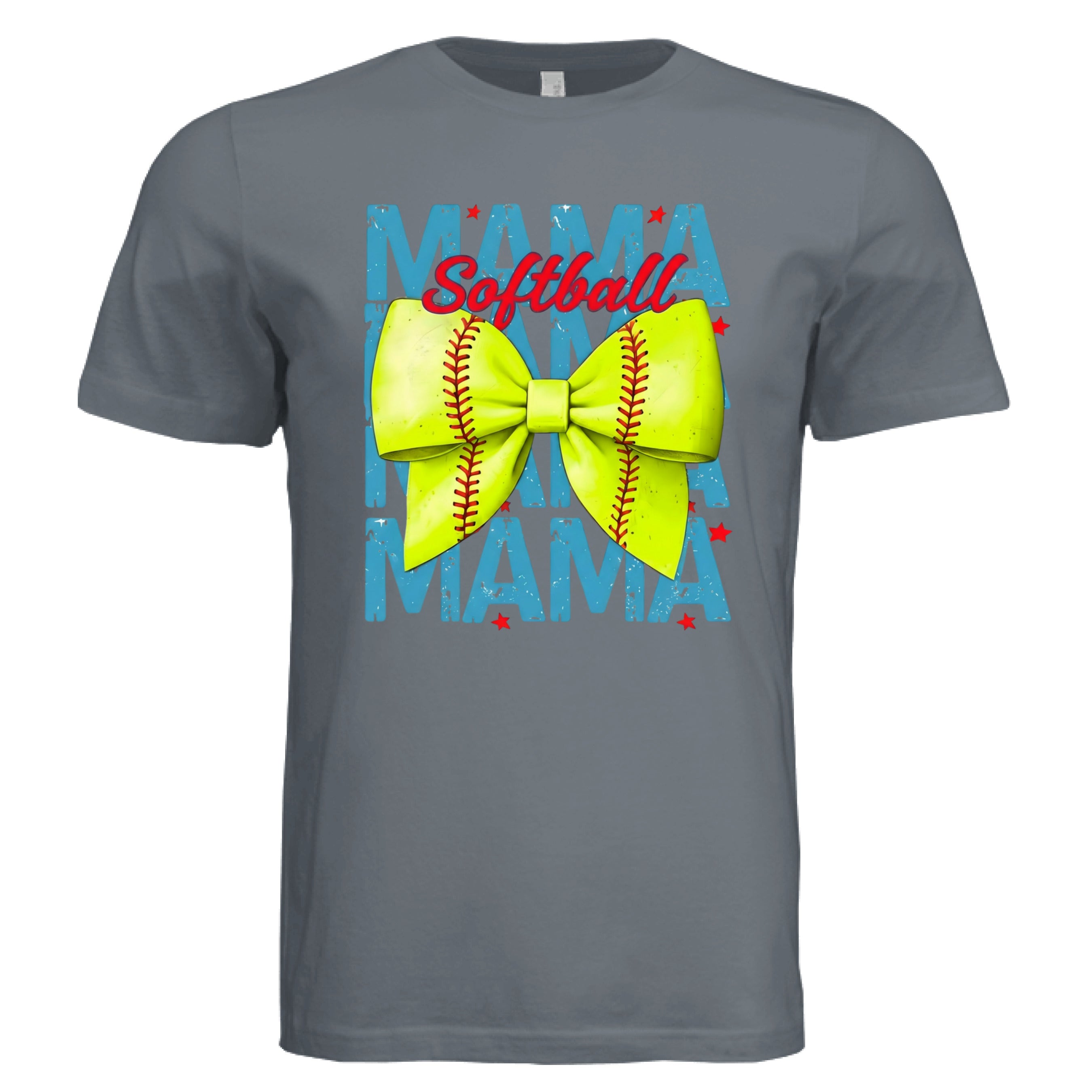 Mama Softball shirt with neon softball bow design in slate